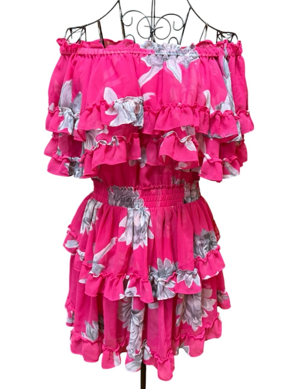 Misa Los Angeles Off-Shoulder Ruffle Floral Smock Waist Dress - Bright Pink